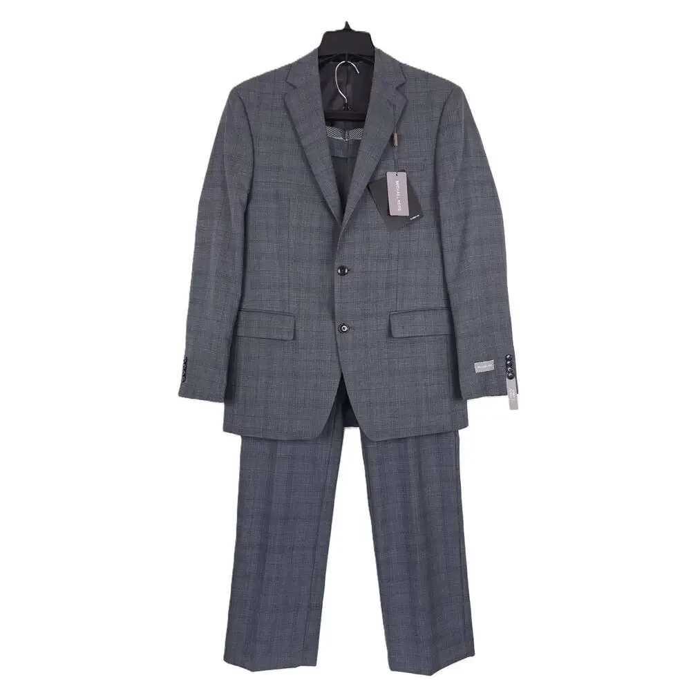 Michael Kors Mens Classic Fit 2 Piece Suit 36R 31x32 Grey Blue Plaid Wool NWT